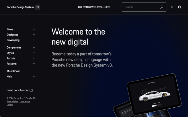 Screenshot of the Porsche Open Source Design System web site available at designsystem.porsche.com.